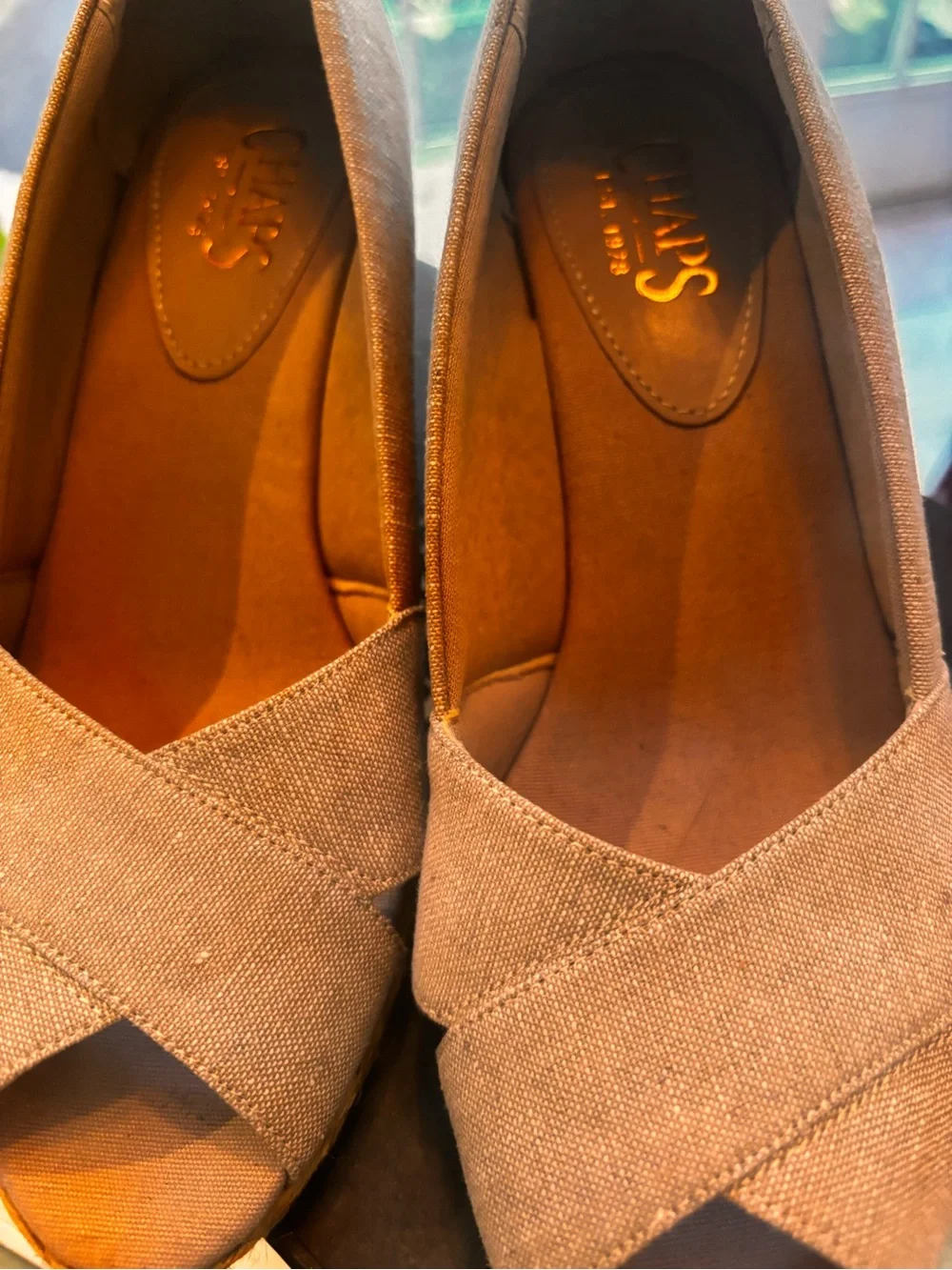 Espadrilles peep toe Khaki Chambray wedge Chaps -Ralph- Lauren 7B